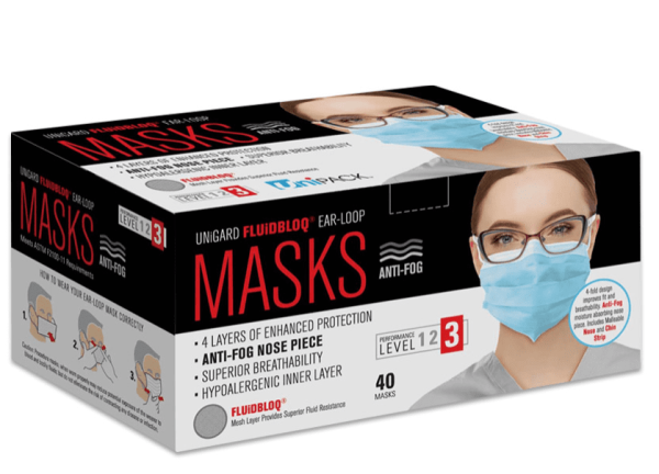 Unigard FluidBloq Unipack Ear Loop Masks - Level 3 - Premium - As Low As $7.95 per box (Buy 100 Boxes)